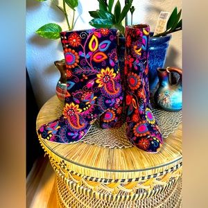 Retro booties, gently worn blue velvet with colorful flower work and gold stitch